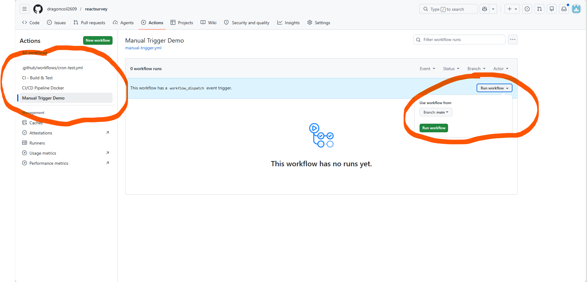 The "Run workflow" button and branch picker