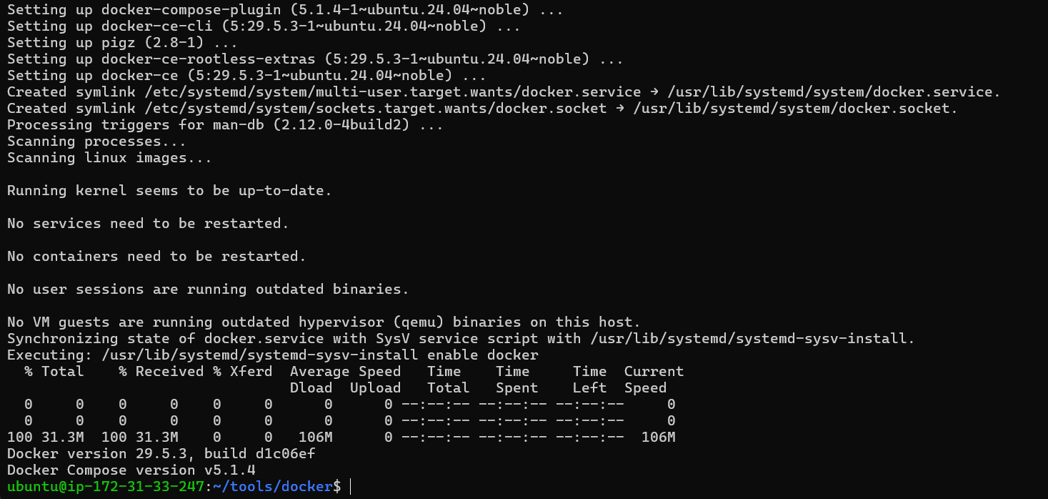 The Docker & Docker Compose version banner after a successful install