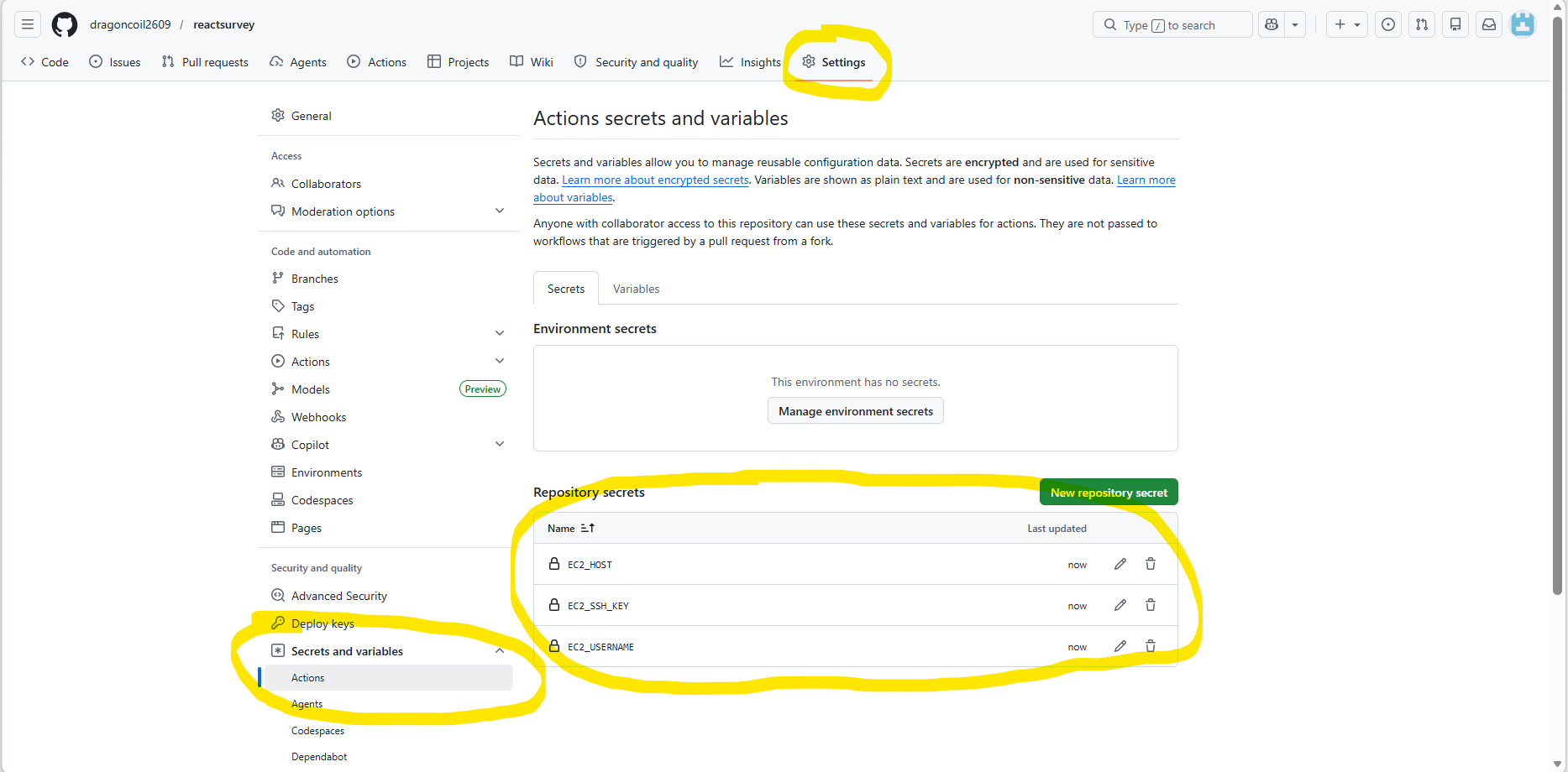 GitHub Settings/Secrets page with the three secrets added