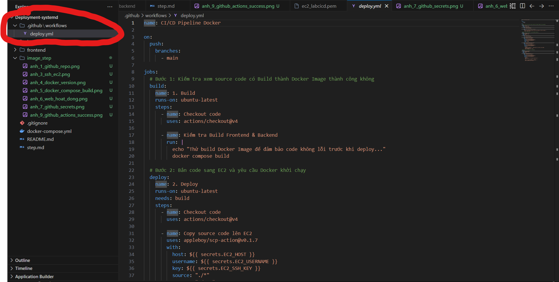 Screenshot of the deploy.yml file in VS Code