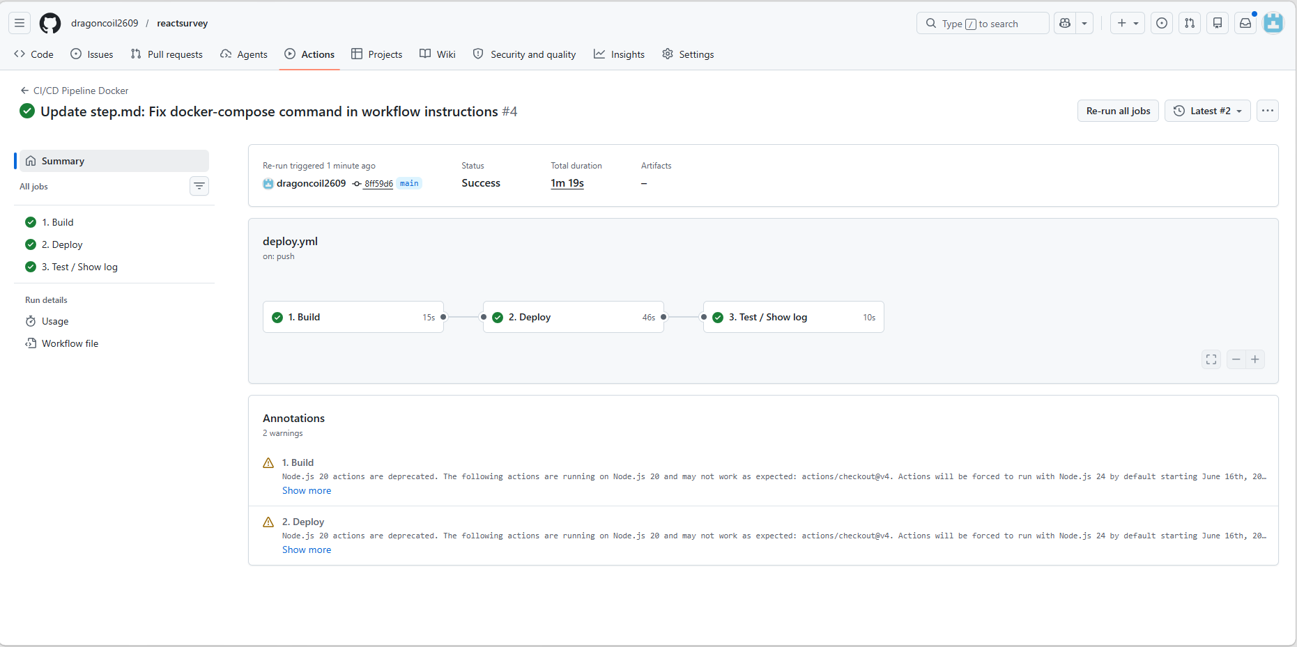 The Actions tab showing all three workflow steps green/Success